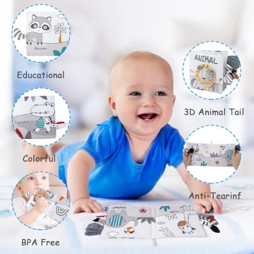 Vicloon Livre Tissu Bébé Eveil,Jouet Educatif Enfant Idée Cadeau Dès la Naissance, Livre Doux Froissé avec des Animaux (lion)