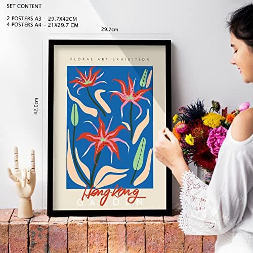 Nacnic Lot de 6 posters de galerie de fleurs - Collection de panneaux avec collage esthétique pour la décoration intérieure - Tailles A3 et A4 - Cadre en bois clair.