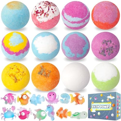 12pcs Bombes de Bain pour Enfants avec Jouet Surprise à l'intérieur, Bombes de Bain Moussantes Organiques Naturelles pour Filles et Garçons, Saint Valentin, Fête des Mères, Cadeau D'anniversaire