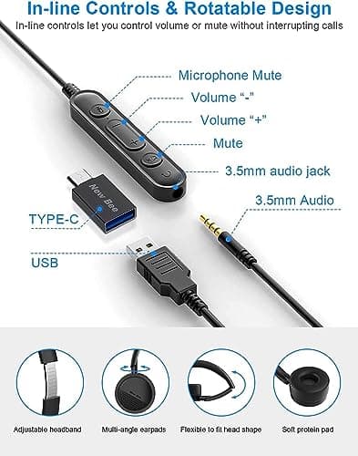 New bee Casque PC Filaire avec Micro Casque USB/3,5 mm Annulation du Bruit & Son Stéréo Clair Oreillette Business pour SoftPhone Skype en Ligne Centre d'appels Téléphoniste(1 pièce)