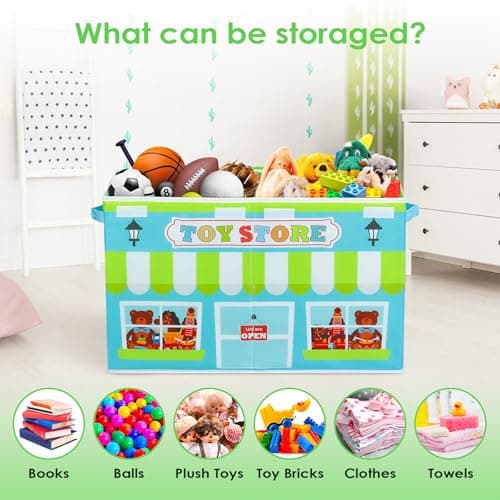Coffre à Jouet avec Couvercle pour Enfants, Grand Pliable Oxford Boîte de Rangement avec Poignée pour Garçons Filles, Organisateurs Jouets Imperméable Anti-poussière, 65×30×40cm (Magasin de Jouets)