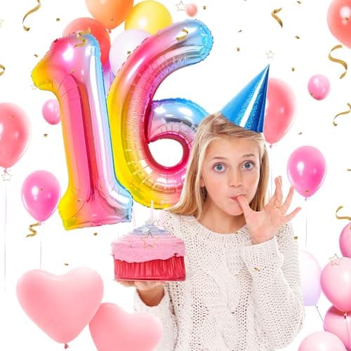 Ballons Anniversaire 16 Couleur - 100cm - Ballon Chiffre 16 Numéro 16 - Happy Birthday Decoration Ballons Fête d'anniversaire Ans Vole Grâce à l'Hèlium 16