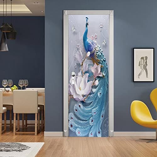 A.Monamour Sticker Porte Autocollant Poster De Porte 3D Décoration Intérieure De Paon Bleu Et Fleurs Papillon Vinyle Affiche De Porte Sticker Mural Papier Peint Art Décor 90 x 200 cm