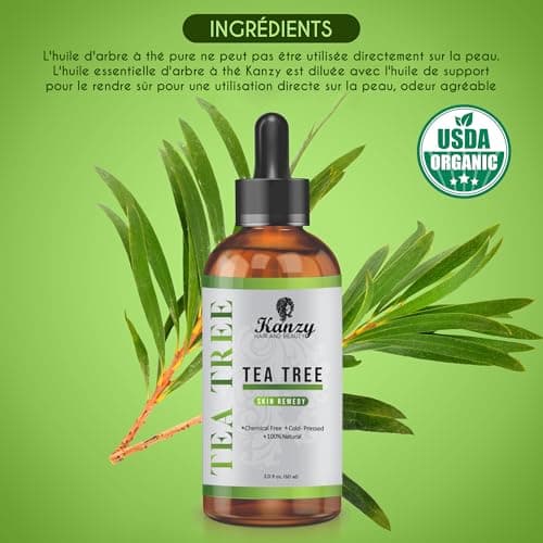 Kanzy Huile Essentielle Tea Tree Bio 60ml Naturelle Vegan Huile Arbre à Thé pour le Visage, Ongles et les Soins de la peau Huile