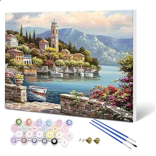Fuumuui Peinture par numéros pour débutants adultes et enfants avec cadre, pinceaux et peintures acryliques, 40 x 50 cm, paysage, château