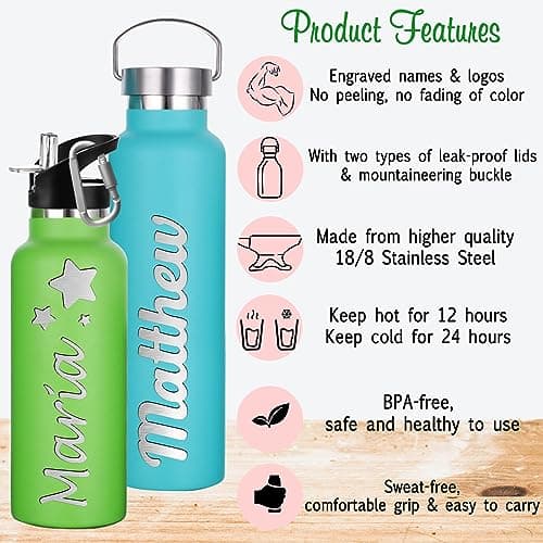 Xihedfd Gourde Personnalisée Avec Paille 350ml 750ml Nom Gravé Logo Bouteille Isotherme Bouteille d'eau Personnalisée En Acier Inoxydable Cadeau pour l'École Le Sport Le Bureau l'Extérieur