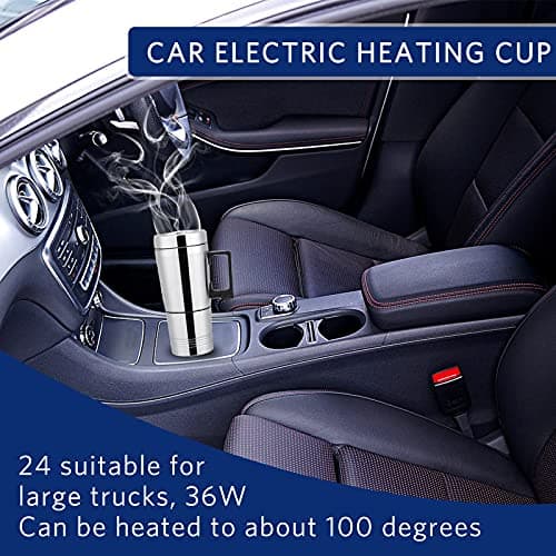 HERCHR 12V/24V 300ML Bouilloire électrique de Voiture de Voyage, Tasse Chauffée électrique de Tasse de Wagon d'acier Inoxydable avec Une Tasse de Chauffage pour l'eau, Thé, Café, Lait(24V)