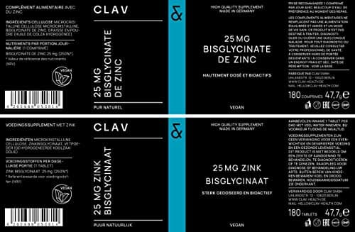 Zinc Bisglycinate 25mg - 180 Comprimés - Haute Dosé avec 25mg Zinc Végétal - Natural Zinc Complement Alimentaire - Soutient le Système Immunitaire et au Maintien d'une Peau Normale