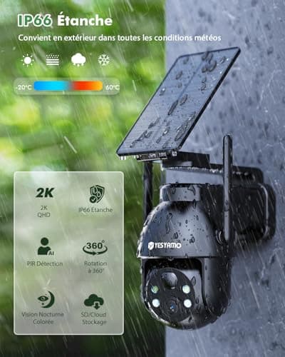 YESYAMO 2K Camera Surveillance WiFi Exterieure sans Fil Solaire, 2.4GHz Camera Exterieur avec Panneau Solaire, 355° PTZ, Vision Nocturne Couleur, Audio Bidirectionnel, PIR Sirène (Noir)
