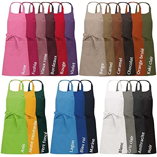 Tablier coton personnalisé et brodé avec un prénom, texte, TOP QUALITE, 20 coloris, 20 motifs. Tissu de qualité 100% coton.