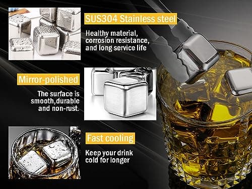 Hitopin Glaçons en Acier Inoxydable, 16PCS Glacons Réutilisables, Glaçons Whisky, avec Clips+Cuillère, Whisky en Acier Inoxydable Glaçons, pour Refroidissement du Vodka Vin Bière Whisky Cocktail
