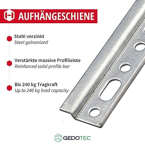 Gedotec Rail de Suspension | Rail de montage métallique de longueur 2000 mm | 1 Pièce - Rail mural sans vis | Acier Galvanisé | Charge admissible 240 kg | Pour armoires suspendues & cuisine