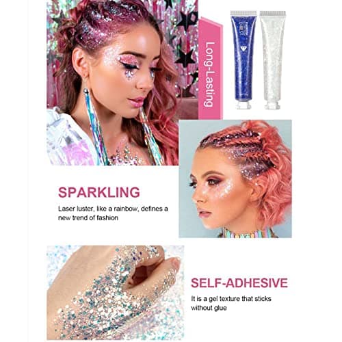 JasCherry 6 Bouteilles Gel Paillettes pour Corps, Sparkling Chunky Sirène Paillettes Fard à Paupières, Gel Scintillant Visage de Longue Durée pour Yeux, Cheveux, Ongles, Maquillage et Festivals
