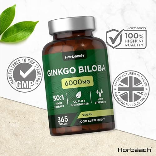 Ginkgo Biloba 6000mg | 365 Vegan Comprimes et non Gelules (1 An) | Extrait 50:1 de Gingko Biloba Forte | Facile à Avaler | Ginko Biloba | par Horbaach