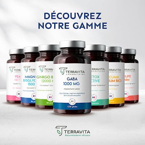 GABA 1000 mg | 120 Gélules | 100% Pur sans Excipients | Lutte contre le Stress et la Nervosité | Favorise une Humeur Positive et un Sommeil Réparateur | Cure de 2 mois | Made in France | Terravita