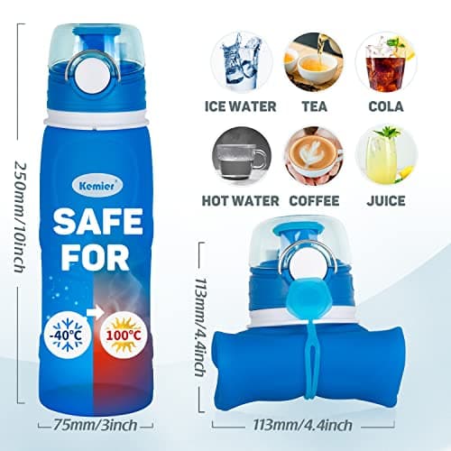 Kemier Bouteilles d'eau Pliables en Silicone de 750 mL, Sans BPA, Approuvées par La FDA.Bouteilles d'eau Pliables Pouvant s’Enrouler Pour Sports et Plein Air,étanches et à l'épreuve Des Fuites(Bleu)