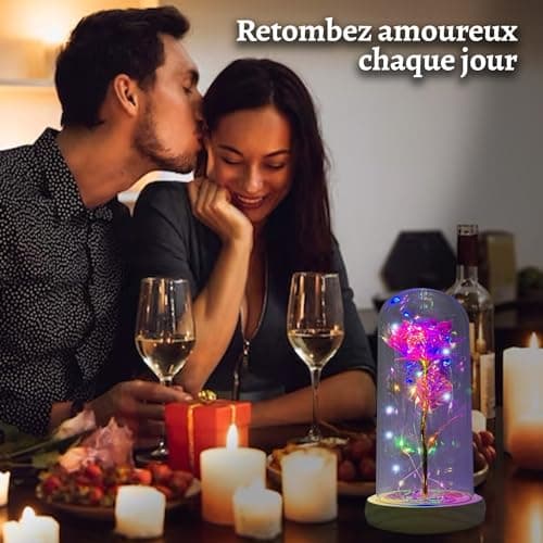 Rose Eternelle Lumineuse | Cadeau Romantique pour Femme | Fleur Artificielle Belle et la Bête | avec LED et Cloche en Verre | Coffret Inclus | Cadeaux St Valentin, Fête des Mères | OriginalCorner®