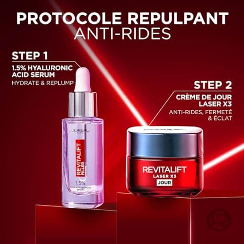 L'Oréal Paris - Soin Profond Visage Anti-Âge - Crème de Jour Triple Action - À l'Acide Hyaluronique, Pro-Rétinol & Vitamine C - Tous Types de Peau - Revitalift Laser X3 - 50 ml
