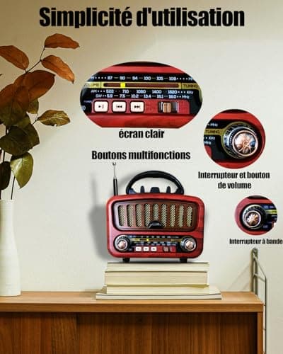 Poste Radio Portable avec Haut-Parleur Bluetooth, AM/FM/SW Petite Radio Vintage avec Haut-Parleur 5W et Bluetooth 5.0, Transistor Radio a Pile avec Fonction USB/TF/AUX (Rouge)