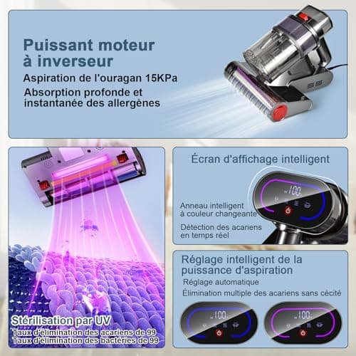Nailaby Aspirateur Anti-acariens avec capteur d'acariens et Affichage LED, 500 W 15 KPa Aspirateur Anti-acariens pour Matelas avec lumière UV-C, ultrasons, 65 °C 5 s, Chauffage Rapide,élimine 99,99%