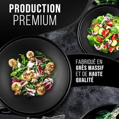 Ensemble de 6 Assiettes Plates Noires Mattes Manhattan -Teller en Grès Premium, Adaptés au Lave-vaisselle et au Micro-ondes- Élégantes Assiettes Noires pour 6 Personnes - Pure Living Urban Black