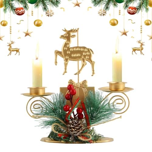 SilverChry Bougeoirs de Noël Bougeoirs Candélabres en Métal Chandelier avec Elk Arbre de Noël, Pommes de Pin et Baies Rouges, Décoration Centre de Table Fête Noël pour Maison,Cheminée,dîner,Avent (ML)