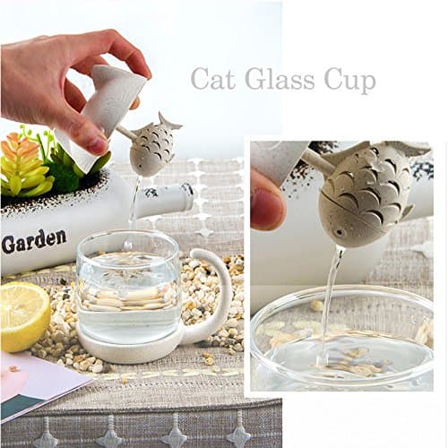 BigNoseDeer Cadeau Femme Cadeau Noel Tasse à thé en verre chat, bouteille d'eau avec infuseur à thé en forme de poisson, Passoire Filtre Tassen de café 250ML (8OZ) Cadeau Fête des Mères