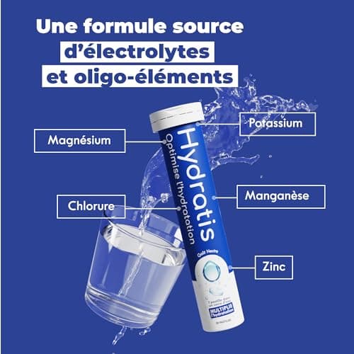 HYDRATIS - Pack 4 Tubes de Pastilles Effervescentes avec Electrolytes + Gourde 500ml Bleue - Optimise l'Hydratation - Citron/Fleur de Sureau + Fruits des Bois + Pêche + Citronnelle/Gingembre