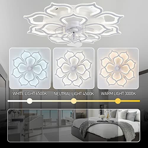 Grand Ventilateur De Salon Floral Avec Lumière, Ventilateur De Plafond Design À 6 Vitesses LED Dimmable, Moteur DC Réversible, Modes Hiver Et Été, Plafonnier Avec Ventilateur Et Minuterie-White||80CM