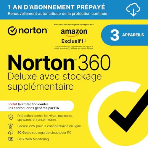 Norton 360 Deluxe Exclusivité Amazon* + 25 Go de sauvegarde cloud supplémentaire |3 Appareils | 1 An d'Abonnement en renouvellement automatique |Téléchargement