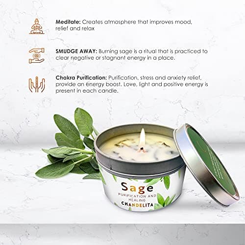 CHANDELITA Bougie D'aromathérapie Parfumée à la Sauge pour la Bénédiction, Feuilles de Sauge, à la Cire de Soja pour la Purification, la Relaxation, la Méditation, la Guérison des Chakras