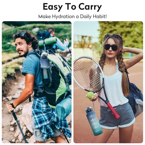 KollyKolla Gourde 1.5L Sport, Gourde Grande, Étanche et Réutilisable, Bouteille d'eau avec Marqueur de Temps et Filtre, Gourde Graduée pour 1 Journee, Adulte, Gym, l'école, Voyage, Camping, Randonnée