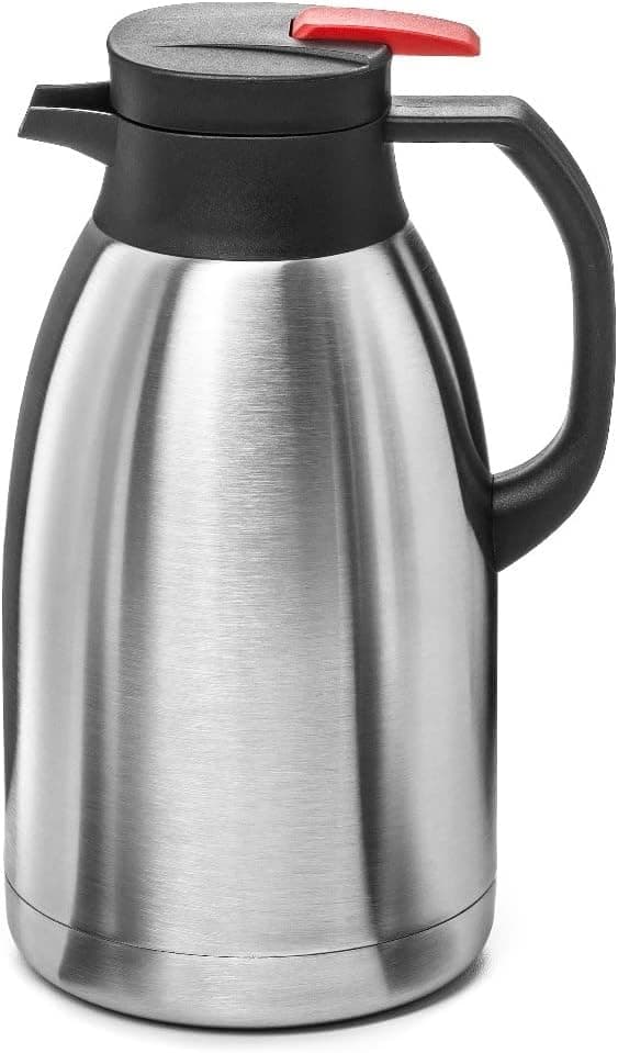 Thermos de conférence | Acier inoxydable | Capacité 2 litres | Rabat avec bouton et poignée en plastique | pour boissons froides et chaudes | Facile à nettoyer | Lavable au lave-vaisselle
