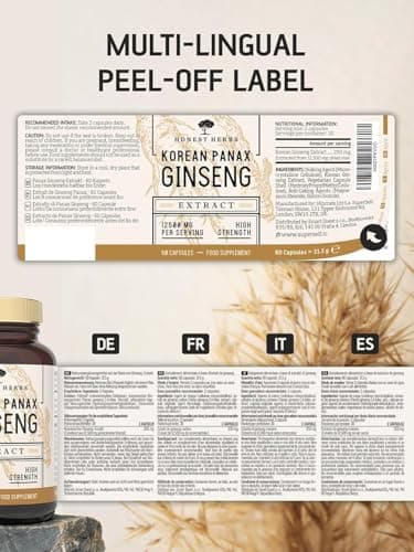 Ginseng Rouge de Corée Panax - Extra Fort 12 500 mg - 60 Gélules - Extrait de Racine de Ginseng avec 20% de Ginsénosides - Vegan