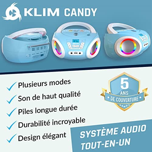 KLIM Candy Lecteur CD Enfant - Nouveauté 2024 - Radio FM - Piles incluses - Lecteur CD Radio Rose Mignon avec Haut-parleurs - Le Cadeau Parfait pour Les Enfants et Les Tout-Petits - Bleu