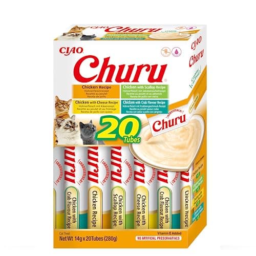 INABA Churu - Friandises pour Chats en Purée aux 4 Saveurs de Poulet - Délicieux Snacks pour Félins - Texture Lisse et Onctueuse - Nourriture pour Chats - 20 Tubes x 14g