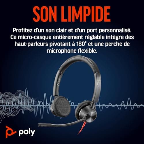 Micro-casque filaire Poly Blackwire 3325 – Perche de microphone flexible – Son stéréo hi-fi - PC/Mac/téléphone portable - Certifié pour Microsoft Teams