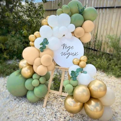 Ballon Vert Sauge, 60Pcs Ballon Vert et Or, Latex Ballons Vert Olive Blanc Or, Guirlande de Ballons Verts Decoration pour Anniversaire Garçons Filles Baby Shower Mariage Fête