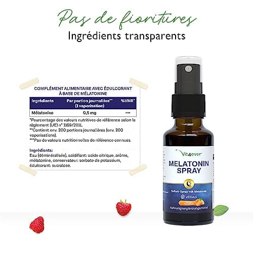 Mélatonine Spray - Spray instantané extra fortement dosé avec 0,5 mg de mélatonine par pulvérisation - Spray pour l'endormissement - Sans alcool - Vegan - Goût d'orange - 30 ml