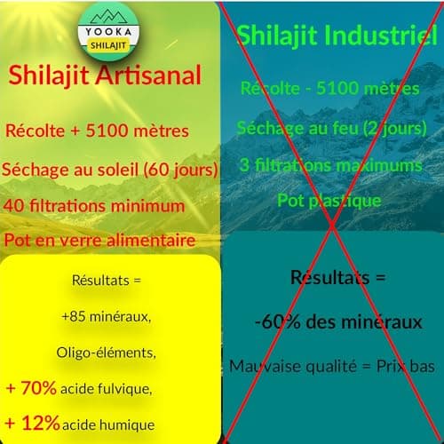 YOOKA Shilajit naturel ARTISANAL LIQUIDE 60ML OR pure Himalaya. 70% ACIDE FULVIQUE, +85 minéraux, 12% acide humique. Séchage soleil 60j, purifiée 40 fois. CERTIFICATION ALIMENTAIRE FRANCE