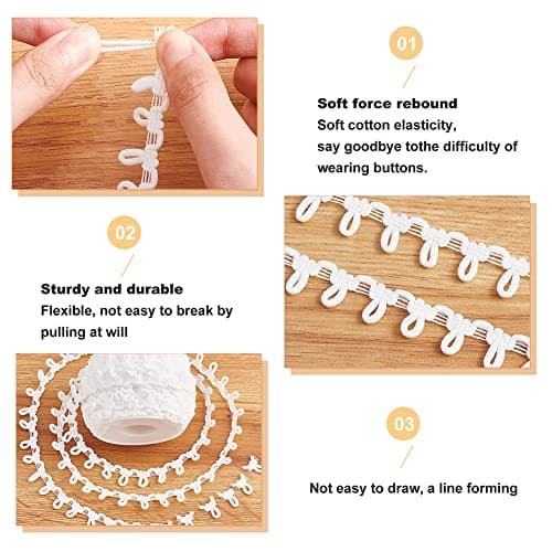 PandaHall 18m Boutonnière Ruban Garniture tressée avec boucles boutonnées 14mm Cordon de tresse de bouton de corset Élastique Blanc Garniture en dentelle à boucle boutonnée pour costumes, Blanc
