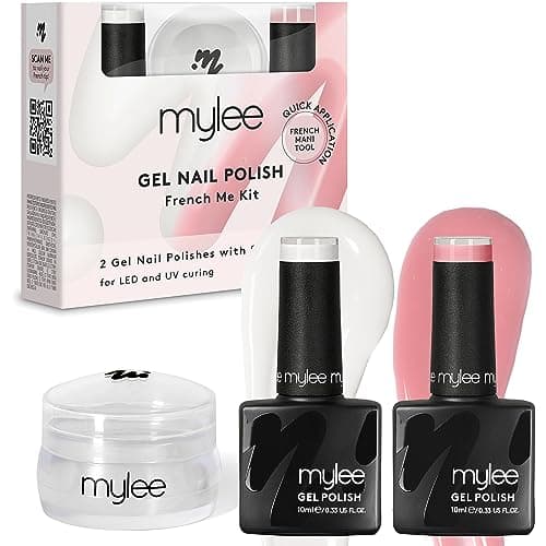 Mylee French Me Kit avec Tampon - Qualité Salon French Manucure à la Maison, Comprend un Vernis à Ongles Gel Blanc & Nude + Outil de Stamping en Silicone Transparent, Séchage Sous Lampe UV LED
