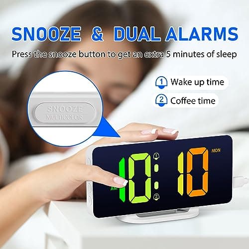 VINILITE Réveil Numérique Reveil Lumineux avec Veilleuse 10 Couleurs LED Horloge Digitale Luminosité Réglable, Fonction Snooze/ 2 Alarme/ 12/24H/ Port de Recharge USB (Blanc)