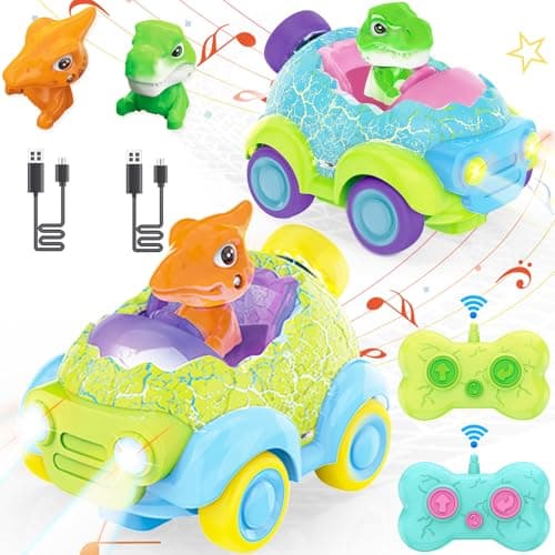 BuzzoXerex Voiture Télécommandée Enfant, Set de 2 Jouet Dinosaure Enfant, Dinosaure Voiture Telecommandé Enfant, Voiture Telecommandé Enfant avec Lumières et Musique, Cadeaux pour Enfants 2-6 Ans