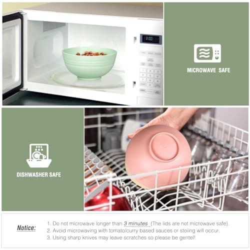 Greentainer Lot de 8 grands bols à céréales incassables avec couvercles – Lot de 8 bols en plastique légers de 700 ml – Passe au lave-vaisselle et au micro-ondes – Pour céréales, salade, soupe,