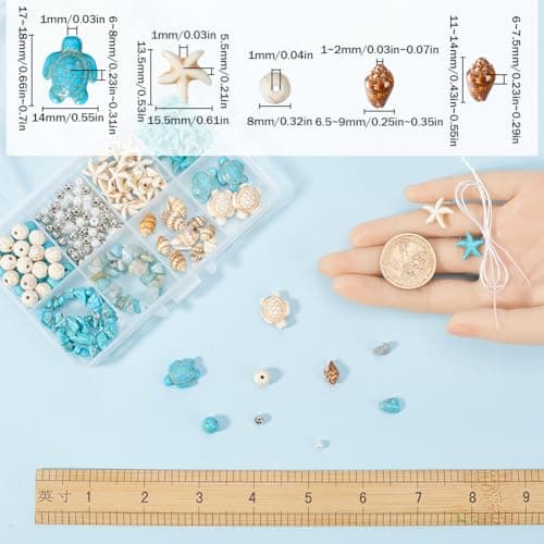 SUNNYCLUE 1 boîte 6 ensembles de Kits de Fabrication de Bracelets D'Été, Étoile de Mer, Tortue de Mer, Perles D'Animaux de L'Océan, Perles Turquoise Porte-Bonheur, Pierres Précieuses en Vrac, Breloque