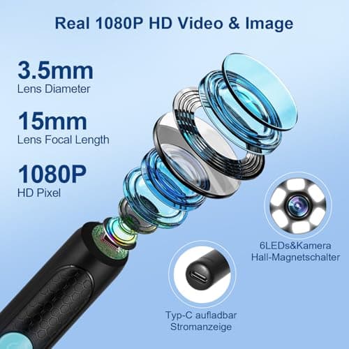 Otoscope Oreille, Nettoyeur Oreilles Adulte les avec Lentille 3.5mm et 6 LED, Miroir Auriculaire 360° Grand Angle Ear Cleaner pour iOS, Android et iPad