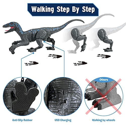 Jouets Dinosaures télécommandés 2,4 G,vélocirapteur électronique éducatif avec lumières et Sons,Jouets Robot Dinosaure alimentés par Batterie Rechargeable,Meilleurs Jouets RC Cadeaux pour Enfants