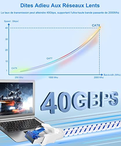 Câble Ethernet Cat 8, RJ45 1m 2m 3m 5m 10m 20m 30m Câble Réseau Internet | Cat8 40Gbps S/FTP Nylon Câble, idéal pour les connexions de bureau, PC, routeur, PS5, Xbox. Plus rapide que Cat6/Cat7(10m)