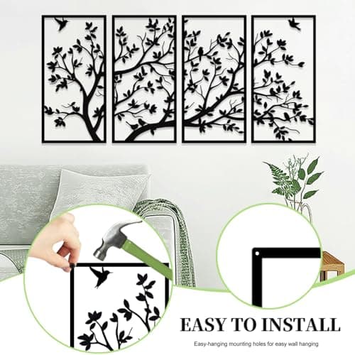 Décoration murale arbre de vie en métal à 4 panneaux pour cadeau de jardin, maison, chambre à coucher, salon (60 x 30 cm)